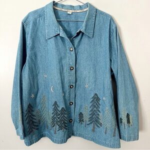 Vintage cotton Denim Embroidered Button Shirt 2X Mountain Forestcore Cabincore